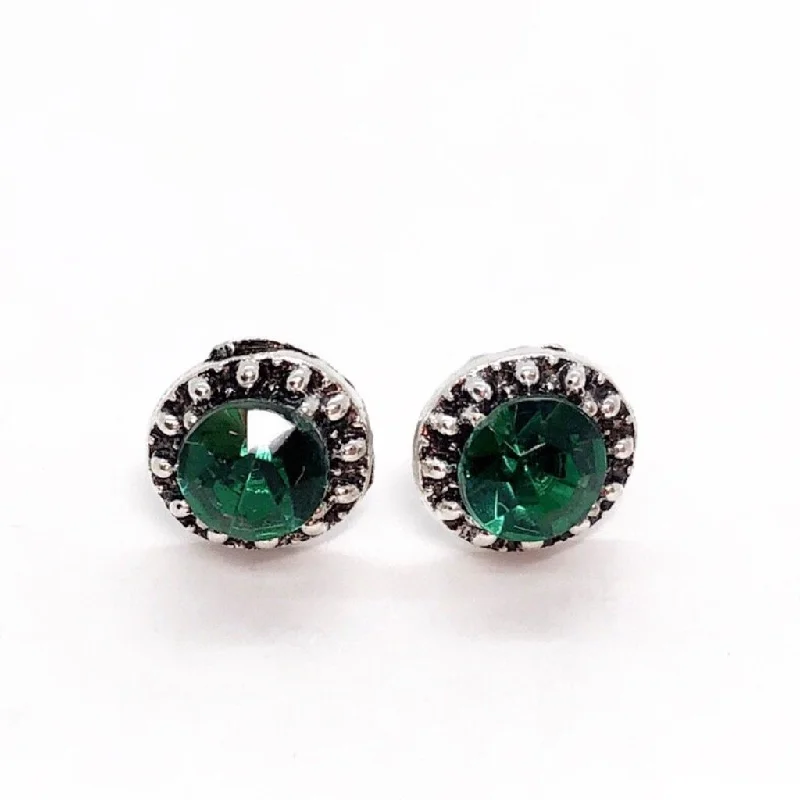 art deco earrings for women -Marcasite Emerald Green Halo Stud Earrings