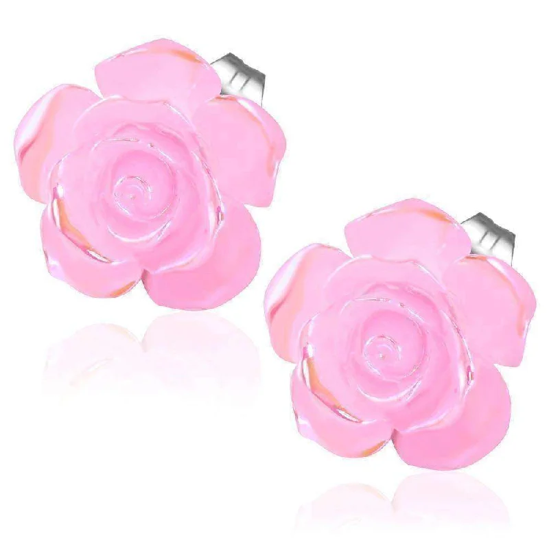 chandelier earrings for women -Large Shimmering Blushing Pink Rose 316 Stainless Steel Stud Earrings for Women