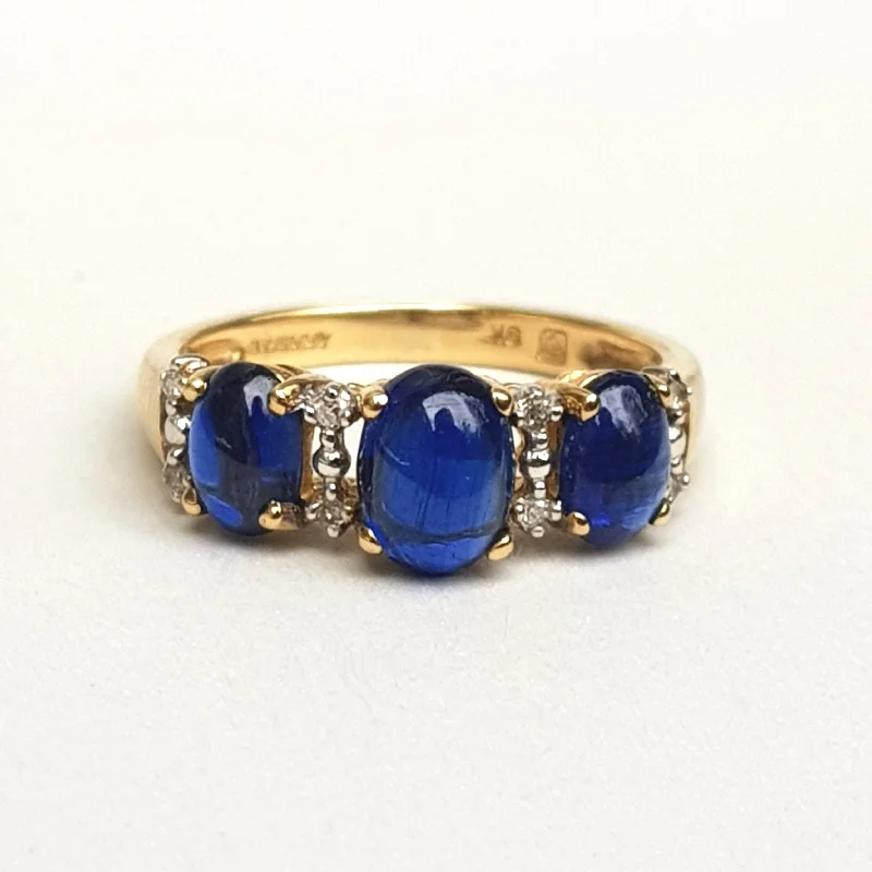 unique wedding rings for women -9k Yellow Gold Sapphire Cabochon Set Trilogy Ring Size UK L 1/2