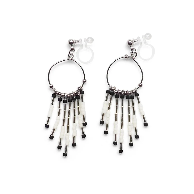 sterling silver drop earrings for women -Hoop and beaded fringe invisible clip on earrings ( Silver tone )