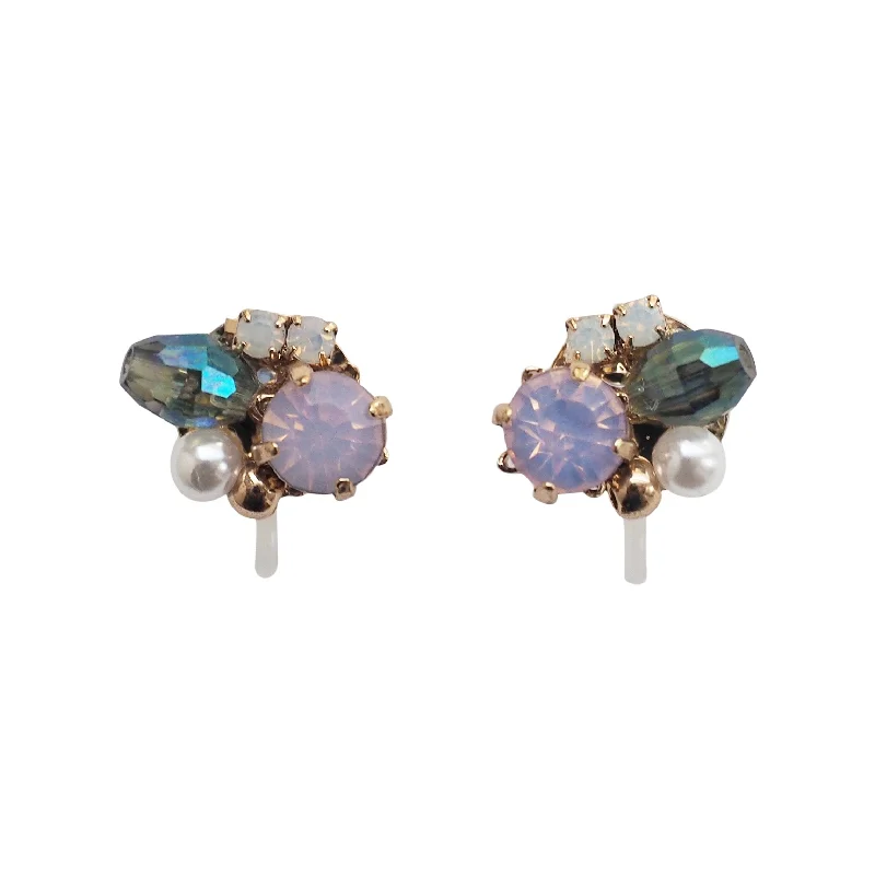 crystal drop earrings for women -Pink and Green Rhinestone Crystal Invisible Clip On Stud Earrings