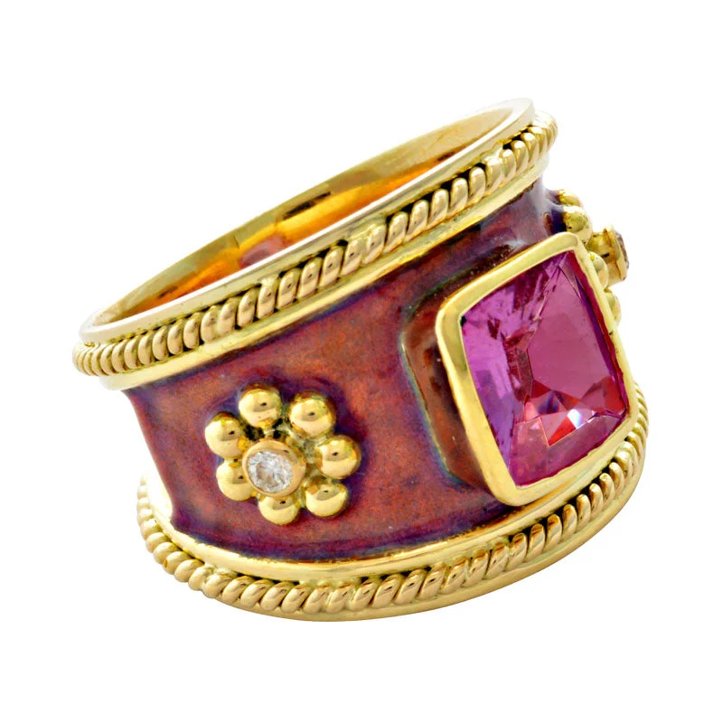 radiant-cut rings for women -Ring-Pink Sapphire and Diamond (Enamel)