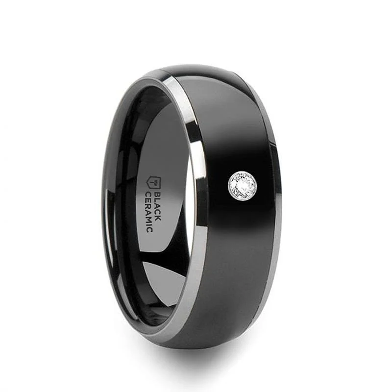 minimalist necklaces for women -Thorsten GLENDALE Domed Black Ceramic Comfort Fit Wedding Band with Polished Tungsten Edges and White Diamond Setting - 8mm