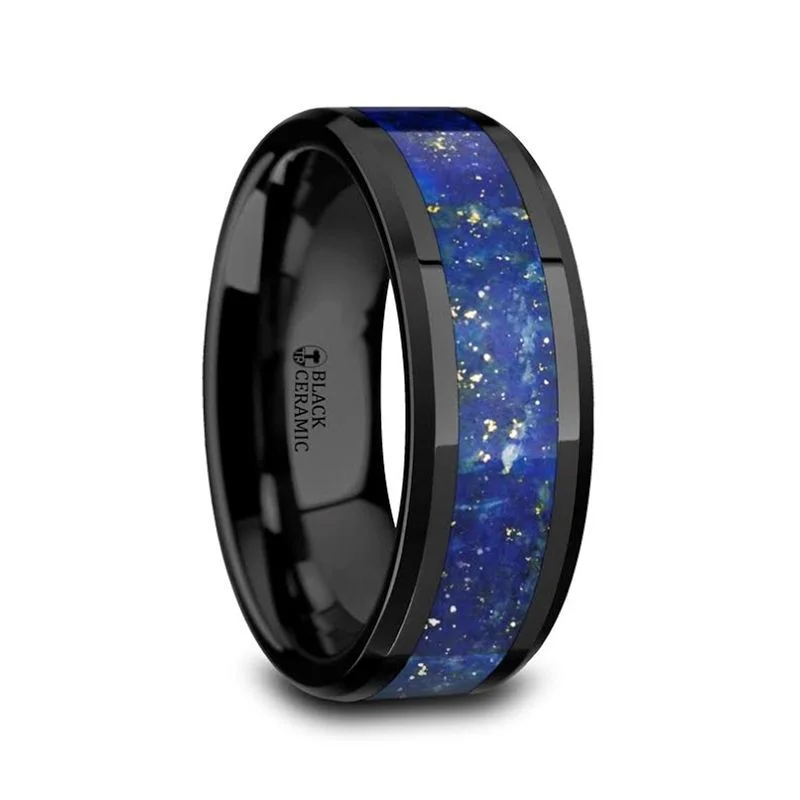 classic necklaces for women -Thorsten MARLOW Black Ceramic Wedding Band with Blue Lapis Inlay & Beveled Edges - 8mm