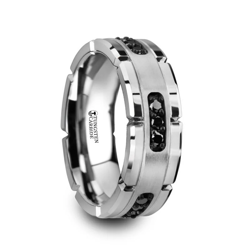 adjustable necklaces for women -Thorsten VALOR Grooved Tungsten Ring with Silver Inlay & Black Diamonds - 8mm