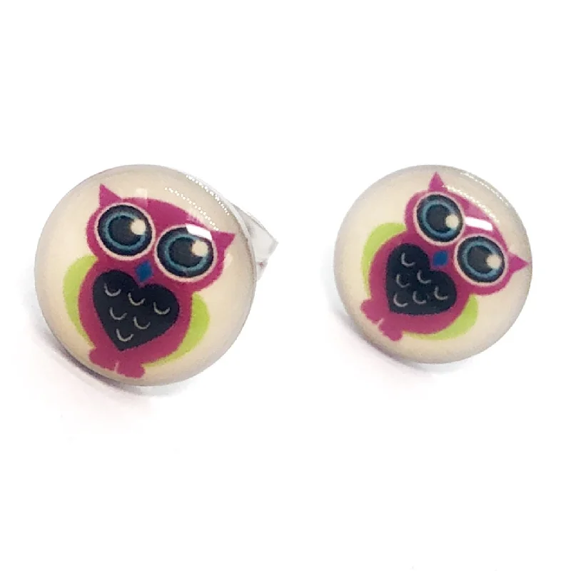 bold statement earrings for women -Pastel Owl Enamel Button Stud Earrings