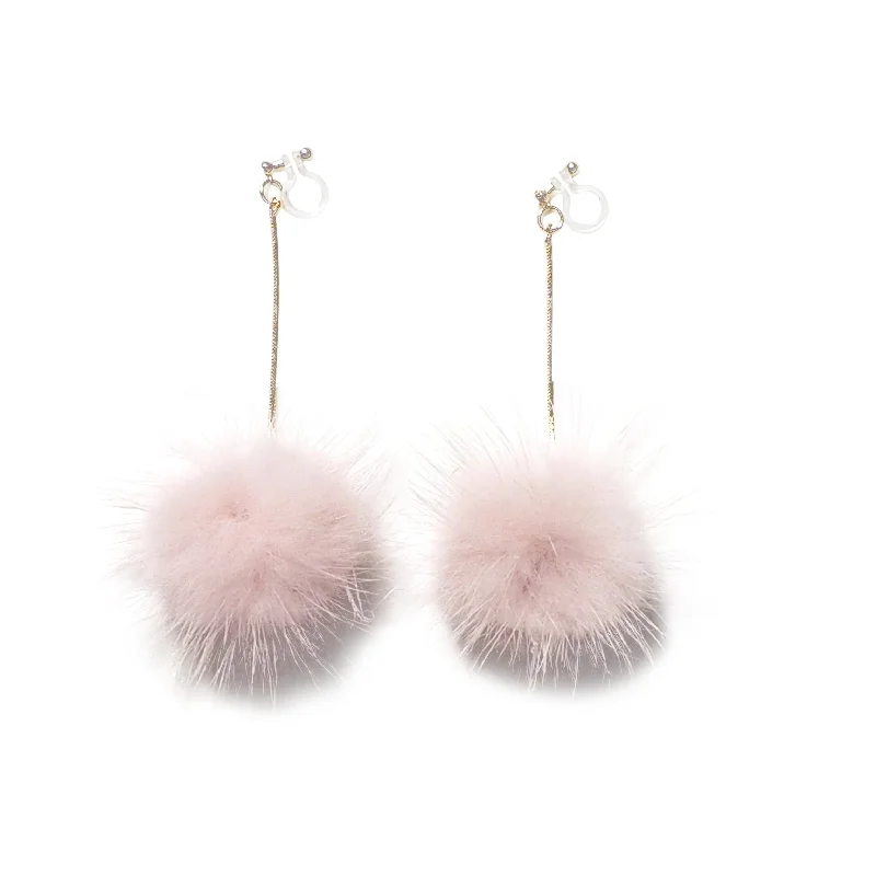 dangling gemstone earrings for women -Pink Mink Fur Pom Pom Invisible Clip On Earrings