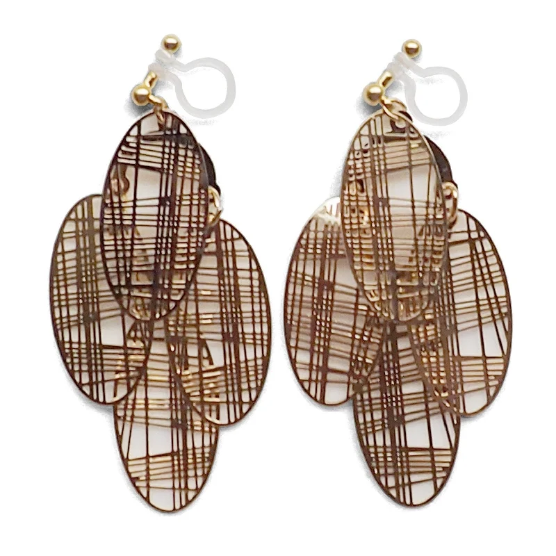 vintage earrings for women -Gold gingham check filigree invisible clip on earrings