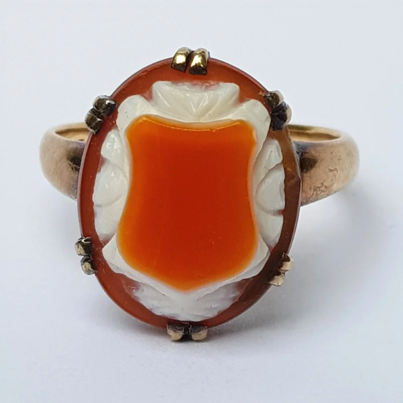 custom rings for women -14k Gold Orange And White Agate Shield Ring Size U.K Y Rare Antique circa 1920