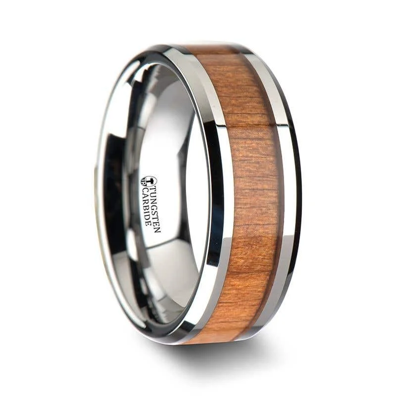 gold necklaces for women -Thorsten BRUNSWICK Tungsten Wedding Ring with Polished Bevels and American Cherry Wood Inlay - 6mm - 10mm