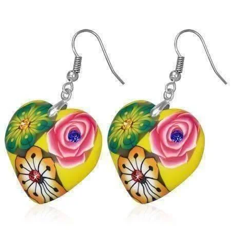 large statement earrings for women -Heart Handcrafted Floral Cane Work Clay & CZ Earrings ~ Three Lively Colors to Choose From