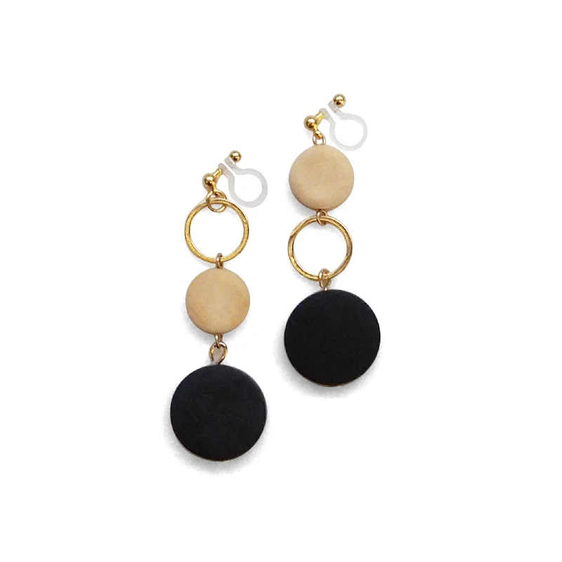 fashion hoop earrings for women -Black and beige wood invisible clip on earrings