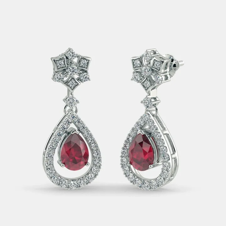 luxury drop earrings for women -RED RUBY DIAMOND EARRING - 925 SILVER