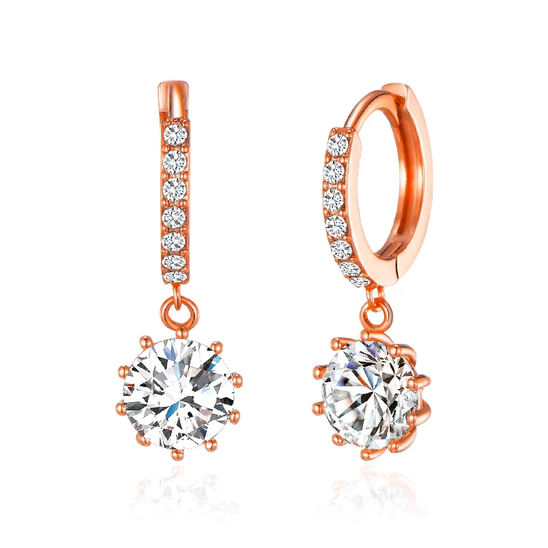 gold earrings for women -Rose Gold Plated Solitaire Drop Hoop Earrings Created with Zircondia® Crystals