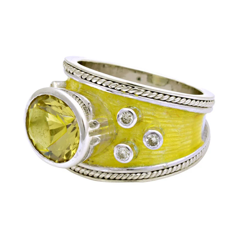 wedding band sets for women -Ring-Lemon Quartz and Diamond (Enamel)