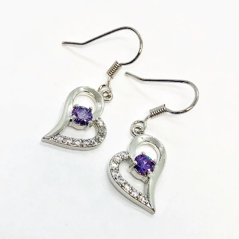 statement hoop earrings for women -Exaggerated Silver Heart Purple Zirconia Earrings