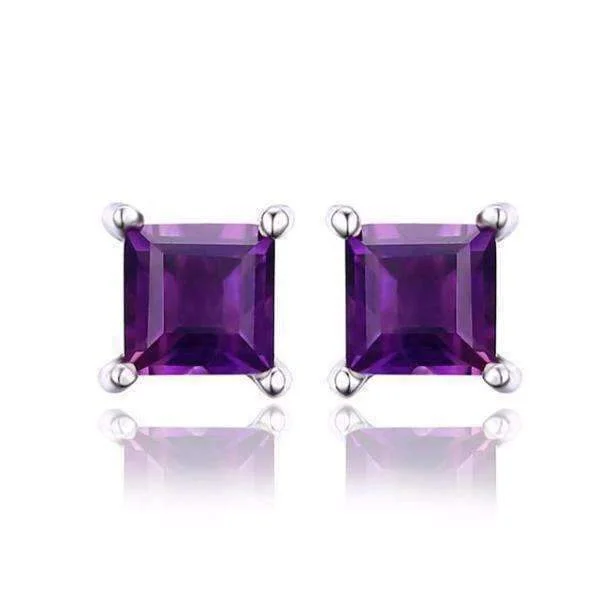 personalized earrings for women -Royal Purple Princess Cut 0.5 CT Genuine Amethyst IOBI Precious Gems Stud Earrings