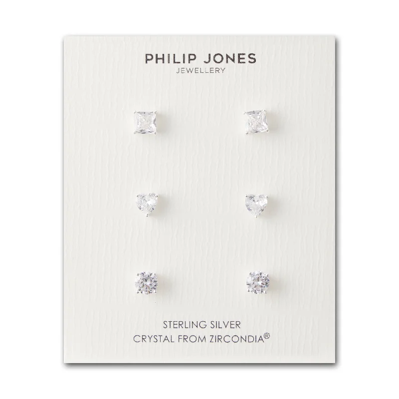 stud earrings for women -3 Pairs of Sterling Silver Shaped Earrings Created with Zircondia® Crystals