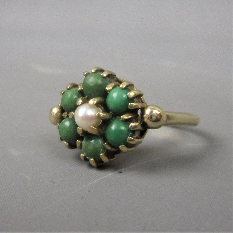 contemporary rings for women -9ct Gold, Green Turquoise & Pearl Floral Cluster Ring Antique c1930 Art Deco