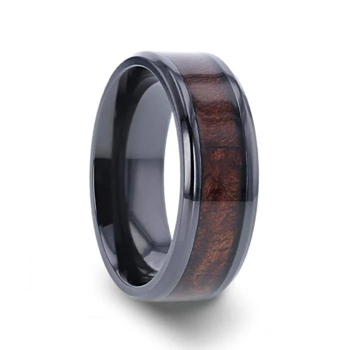 trendy necklaces for women -Thorsten CERISE Redwood Inlaid Black Ceramic Ring with Beveled Edges - 8mm