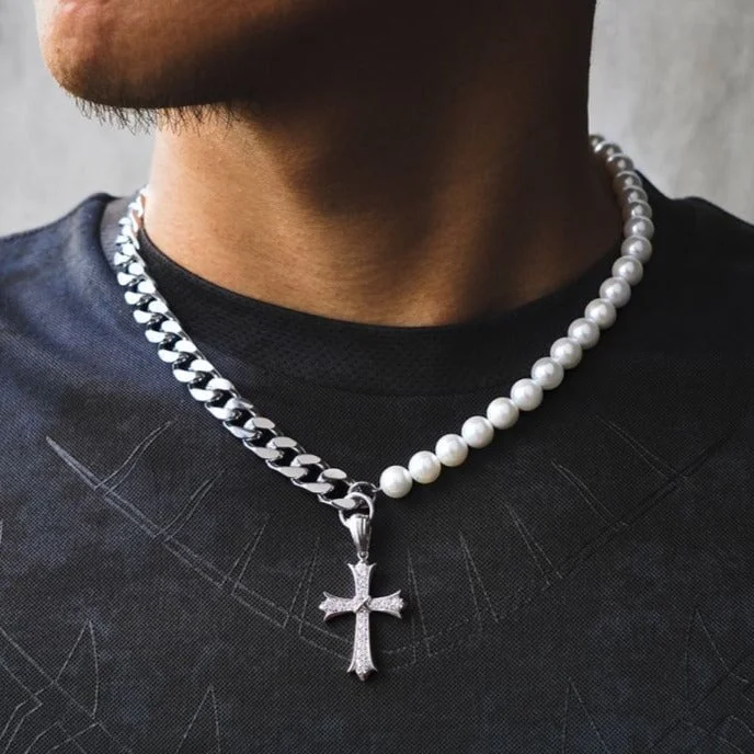 long chain necklaces for women -The Faith® - Cuban Link Pearl Necklace in White Gold with Diamond Cross Pendant