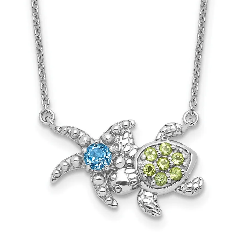 unique chain necklaces for women -Sterling Silver Genuine Peridot and Light Swiss Blue Topaz Turtle Starfish Necklace