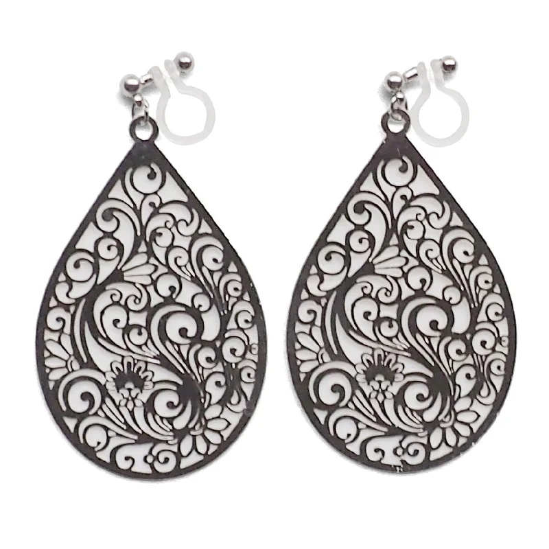 hoop earrings for women -Large silver teardrop Victorian filigree invisible clip on earrings