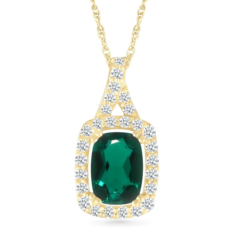 vintage gold necklaces for women -Cushion Cut Emerald Pendant with White Sapphire Halo and Bail