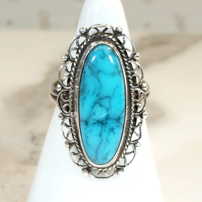 infinity engagement rings for women -Turquoise-Colored Glass in Sterling Filigree Ring