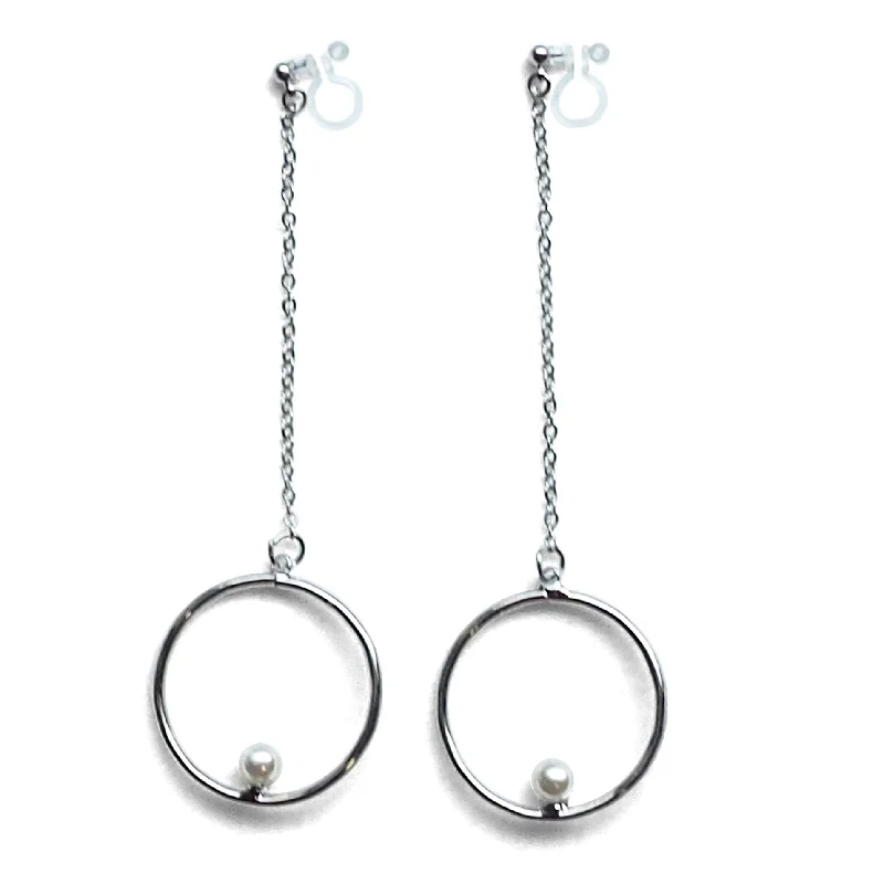 sterling silver drop earrings for women -Dangle pearl on hoop invisible clip on earrings (silver tone)