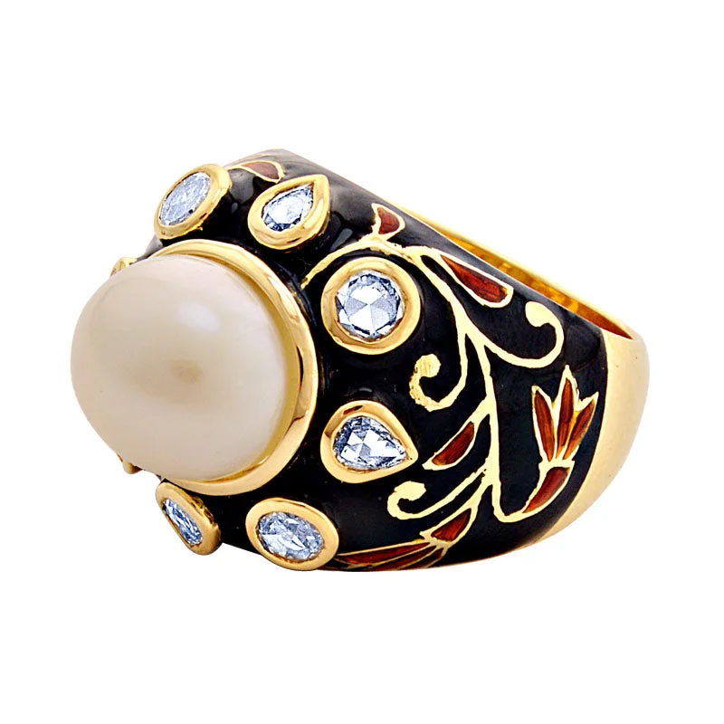 cushion-cut rings for women -Ring-South Sea Pearl and Diamond (Enamel)