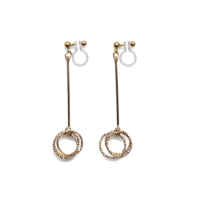 teardrop earrings for women -Textured triple hoop clip on earrings ( Gold tone )