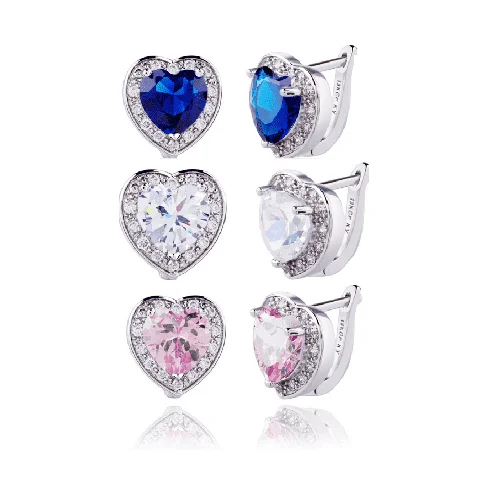 wedding earrings for women -Magnificent Halo Heart Lever Back Earrings in Clear, Pink or Blue Sapphire for Women