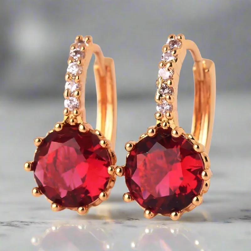 luxury hoop earrings for women -Ruby Red CZ Solitaire White Or Yellow Gold Hoop Earrings for Women