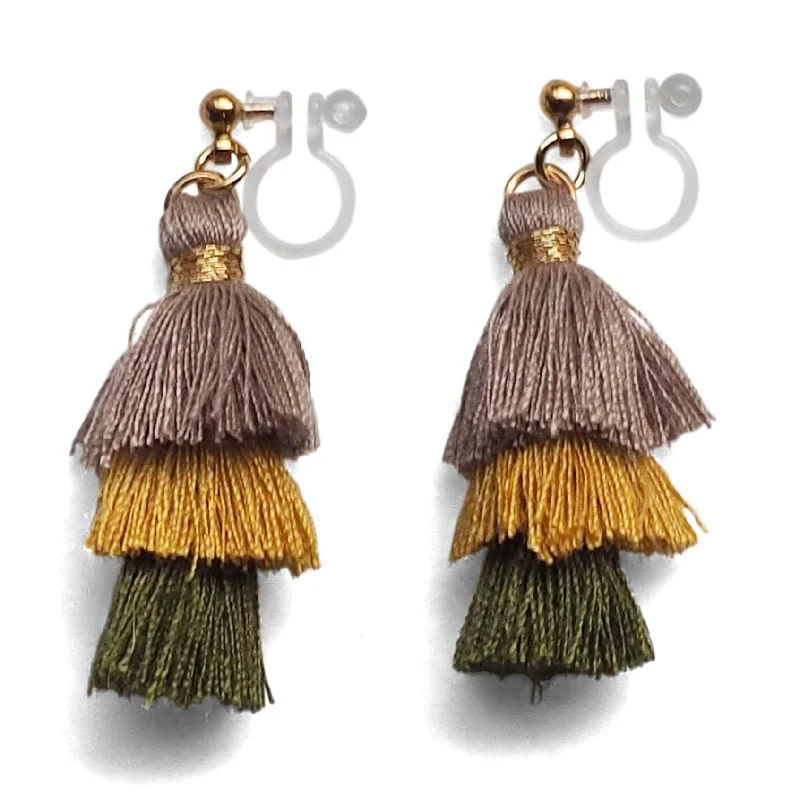 personalized hoop earrings for women -Three Layered Ombre Stacked Beige Yellow Green Tiered Tassel Invisible Clip On Earrings