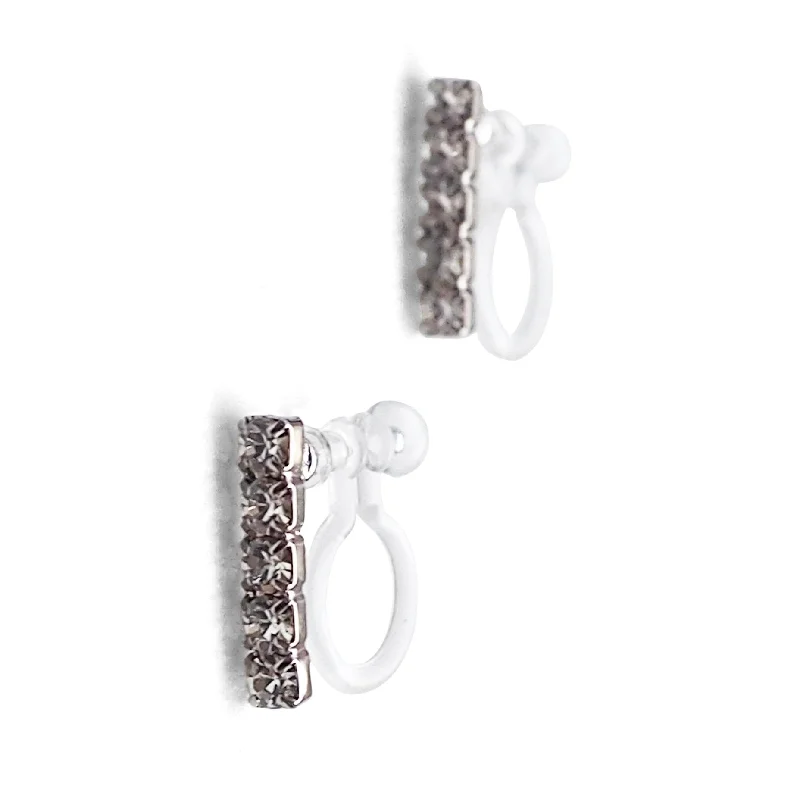 chic earrings for women -Short rhinestone bar invisible clip on earrings ( Silver tone )