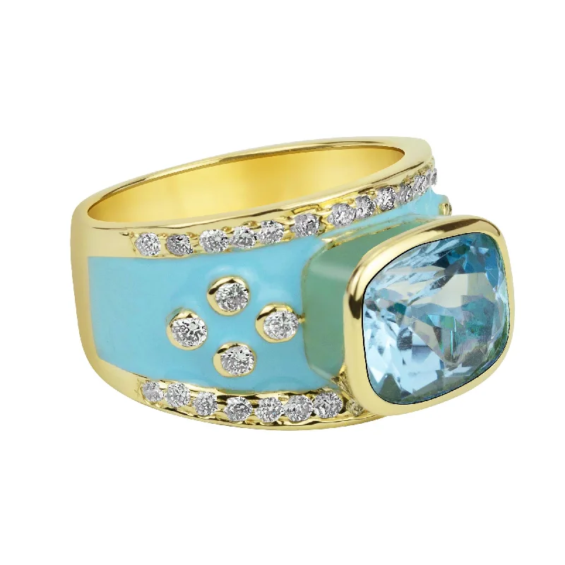 custom-designed wedding rings -Ring - Blue Topaz And Diamond (enamel)