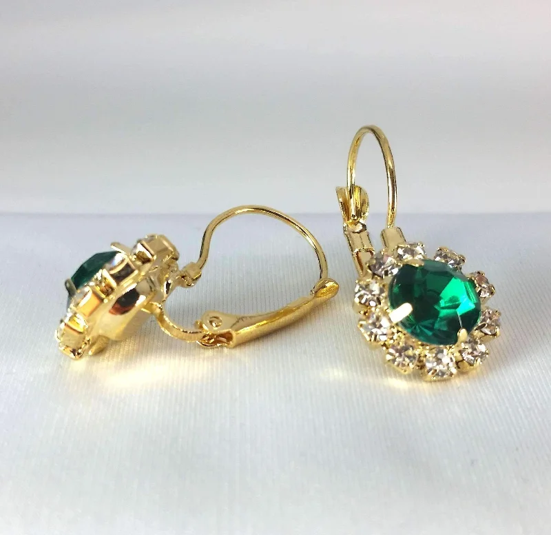 oversized hoop earrings for women -Emerald Crystal Flower Drop Lever Back Earrings - White or Yellow Gold