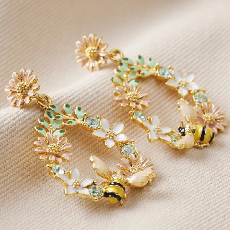 elegant pearl earrings for women -Crystal Flower & Enamel Bee Drop Earrings