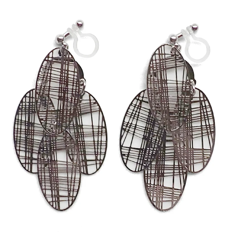 custom earrings for women -Silver gingham check filigree invisible clip on earrings