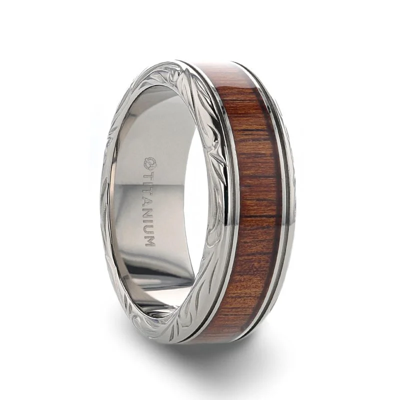 high-end necklaces for women -Thorsten OHANA Koa Wood Inlaid Titanium Wedding Ring w/ Detailed Edges 6-10mm