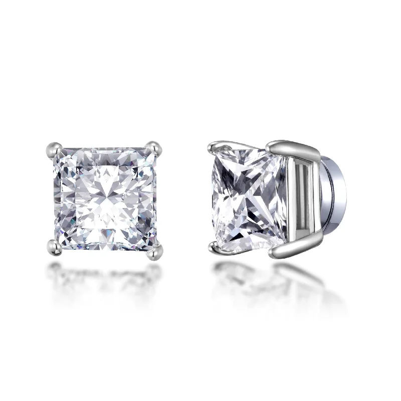 silver stud earrings for women -Silver Plated Square Magnetic Clip On Stud Earrings Created with Zircondia® Crystals