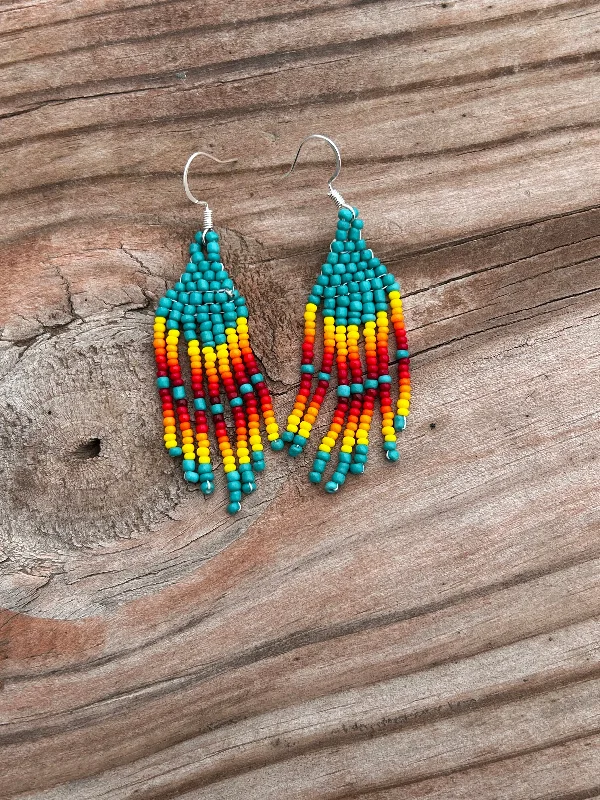 gemstone earrings for women -Turquoise beaded fringe earrings