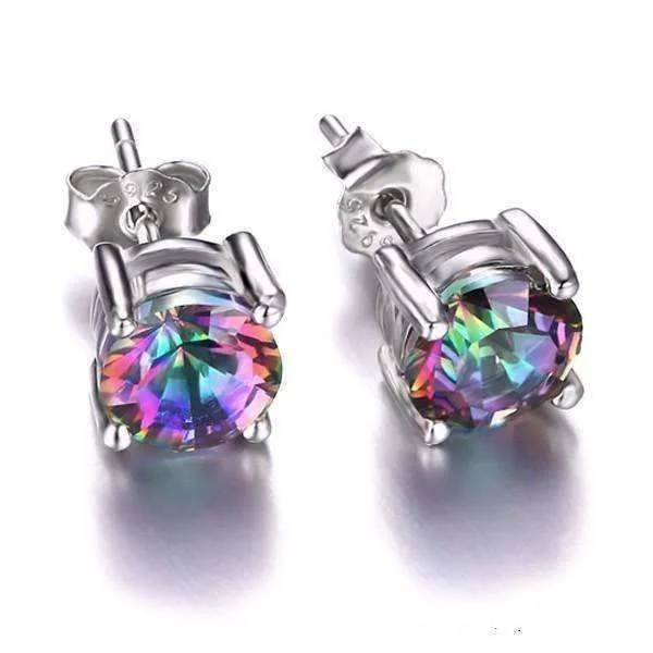 contemporary earrings for women -Rainbow Fire Genuine Mystic Topaz Round Cut 2CTW IOBI Precious Gems Stud Earrings