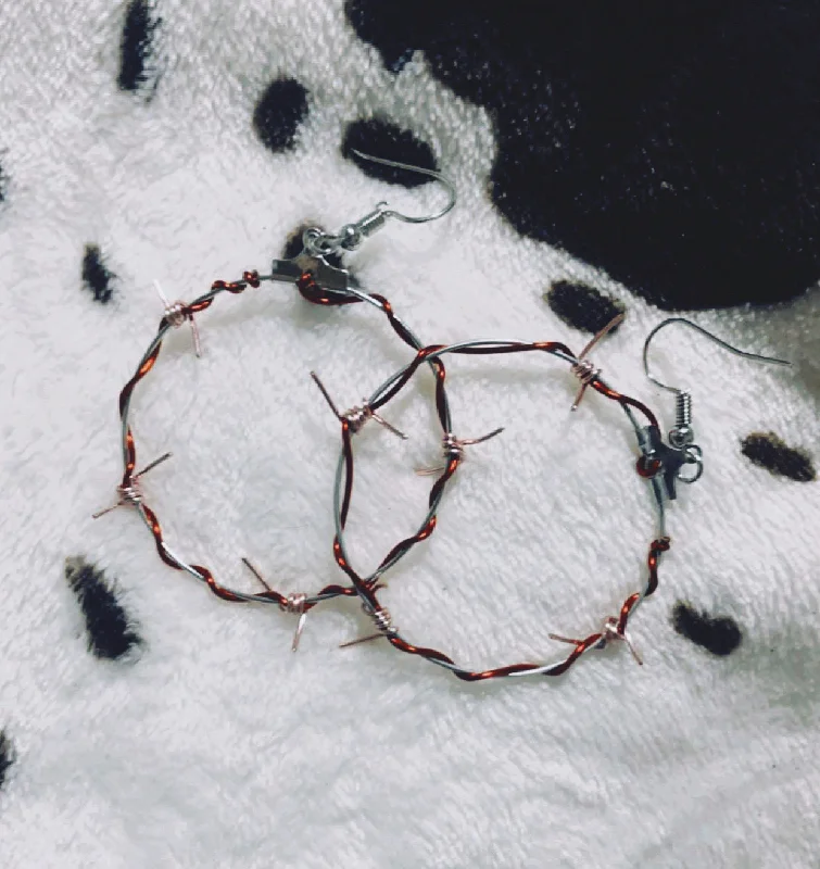 multi-layer earrings for women -Pink, Red, and Silver barbed wire hoop earrings