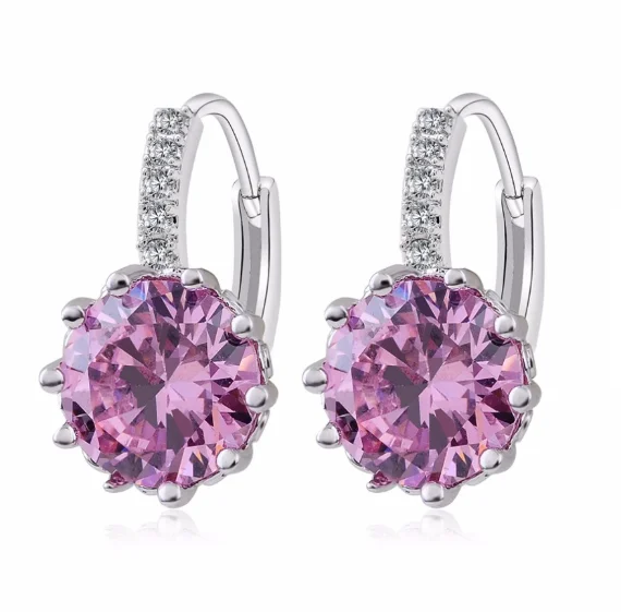 dangling gemstone earrings for women -14K Gold Plated Perfect Pink 3.5CTW CZ Solitaire Hoop Earrings For Woman