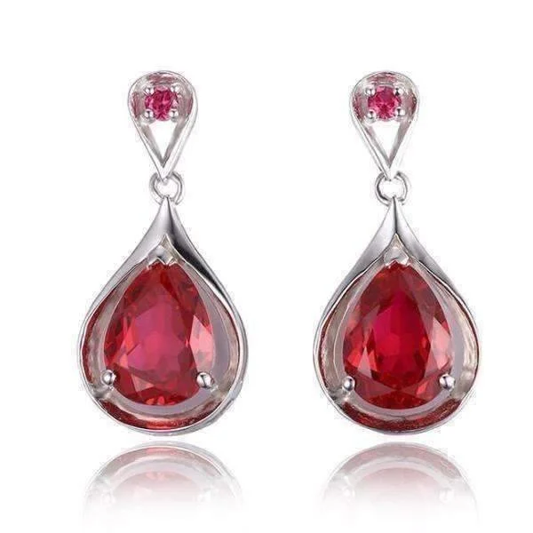 modern earrings for women -Gala 7.6CTW Pear Drop Simulated Pigeon Blood Ruby IOBI Precious Gems 925 Sterling Silver Earrings