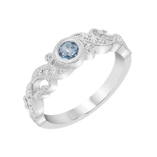 layered necklaces for women -14k White Gold Aquamarine Bezel and Diamond Filigree Ring