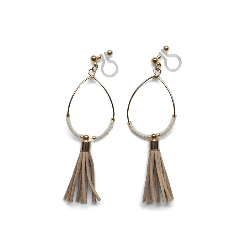 radiant earrings for women -Hoop and beige tassel invisible clip on earrings ( Gold tone )