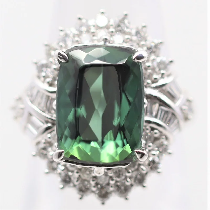 white gold engagement rings -Blue-Green Indicolite Tourmaline Diamond Platinum Cocktail Ring